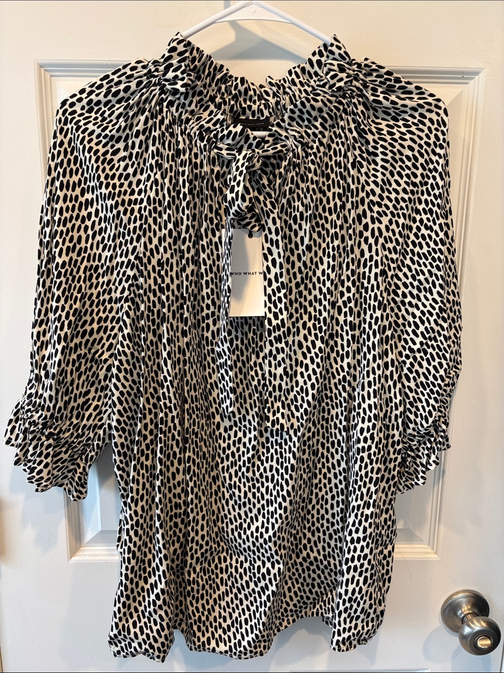 Who What Wear Black and White Dot Tie-Neck Blouse